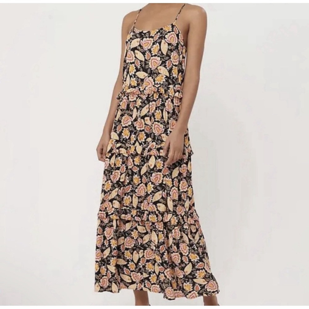 LOFT S/M Tiered Swing Maxi Dress Floral Sundress Orange Spaghetti Strap Prairie